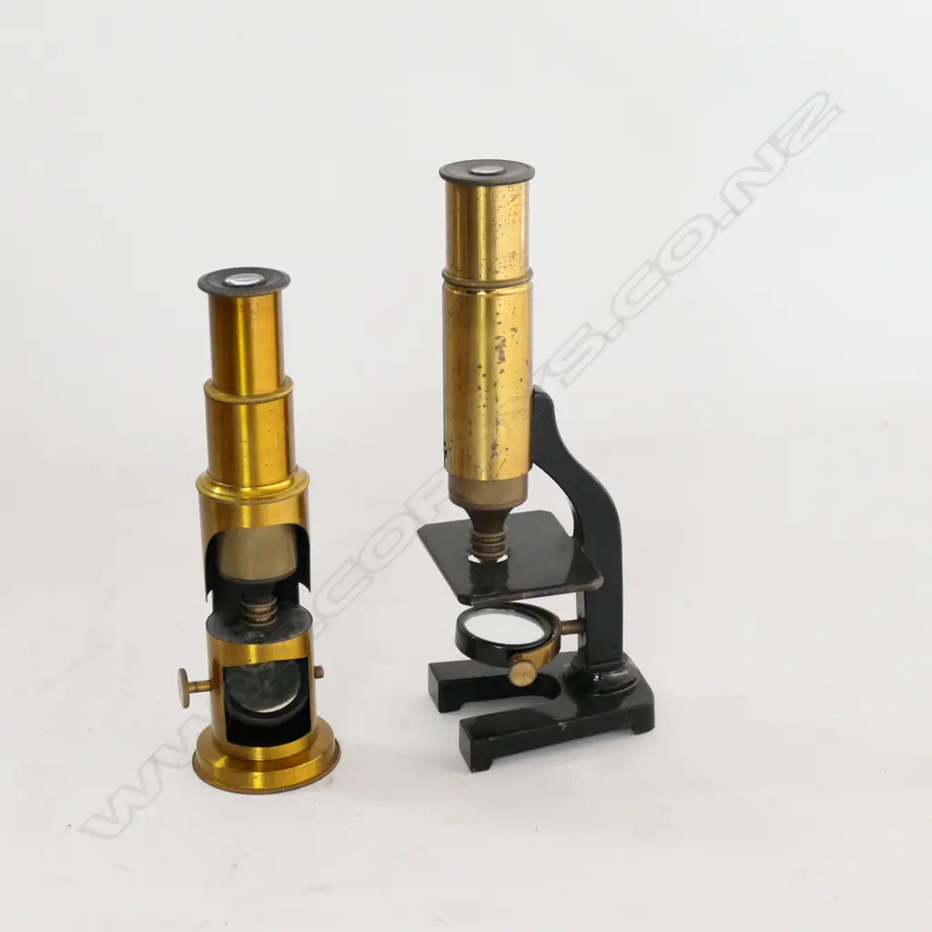 BOXED LACQUERED BRASS STUDENT'S FIELD MICROSCOPE  AND ANOTHER (2) Image 1++
